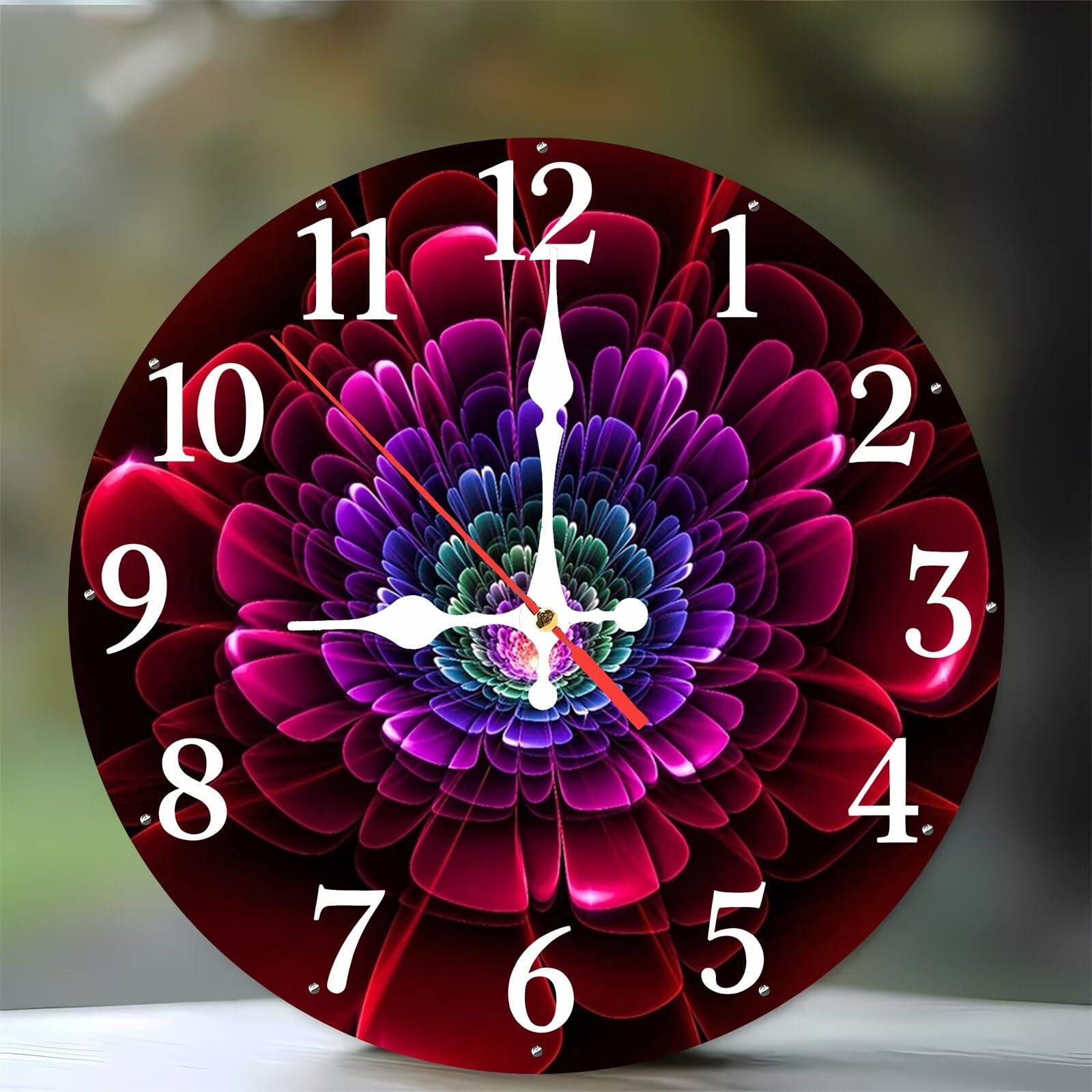 Horloge murale 35 cm en bois aux fleurs abstraites rouges moderne et silencieuse