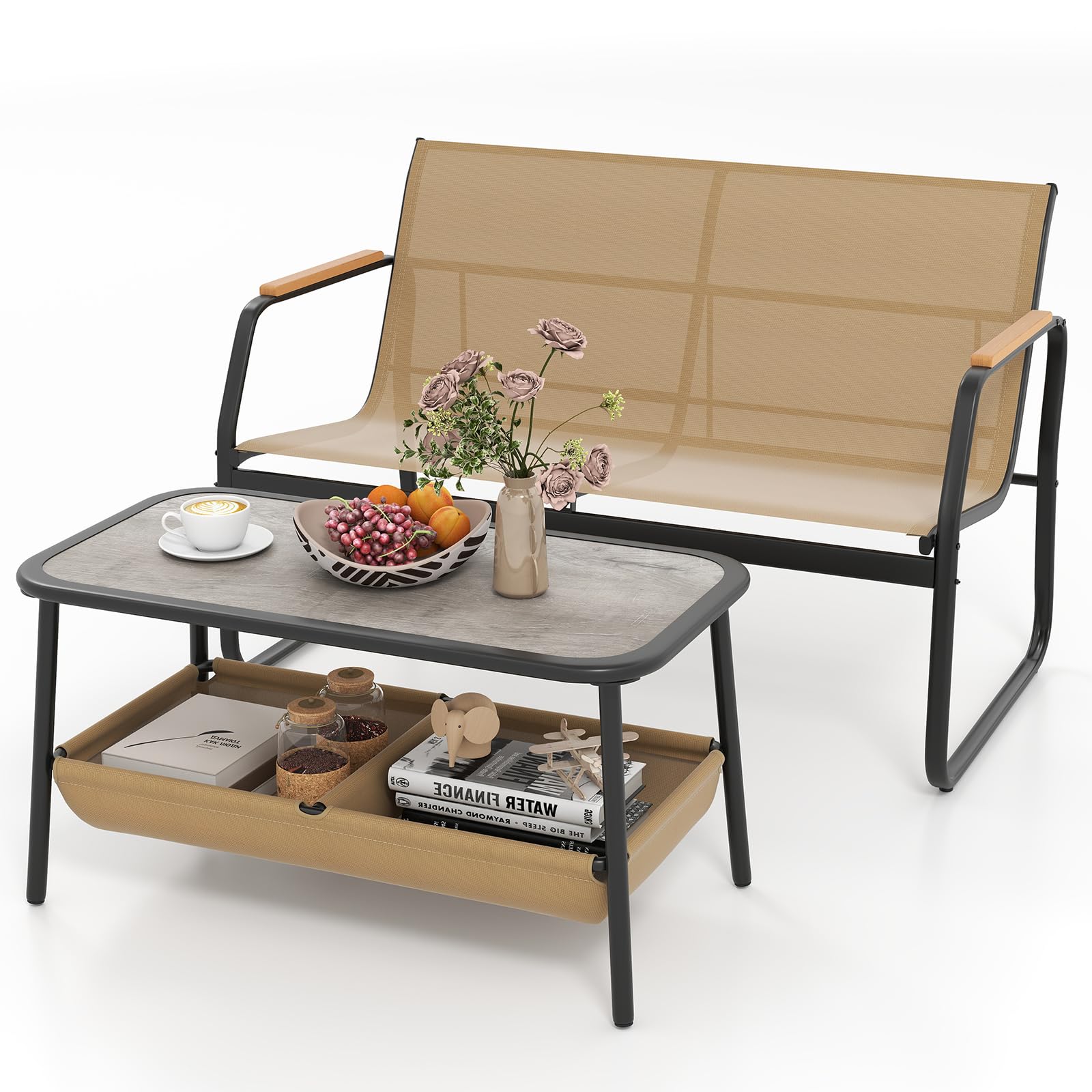 KOMFOTTEU Set di Mobile da Giardino in 2 Pezzi, Set Tavolo e Sedie da Balcone in Tessuto Textilene, Set da Bistrò con Divanetto 2 Posti e Tavolino con 2 Scomparti di Stoccaggio, per Veranda, Marrone