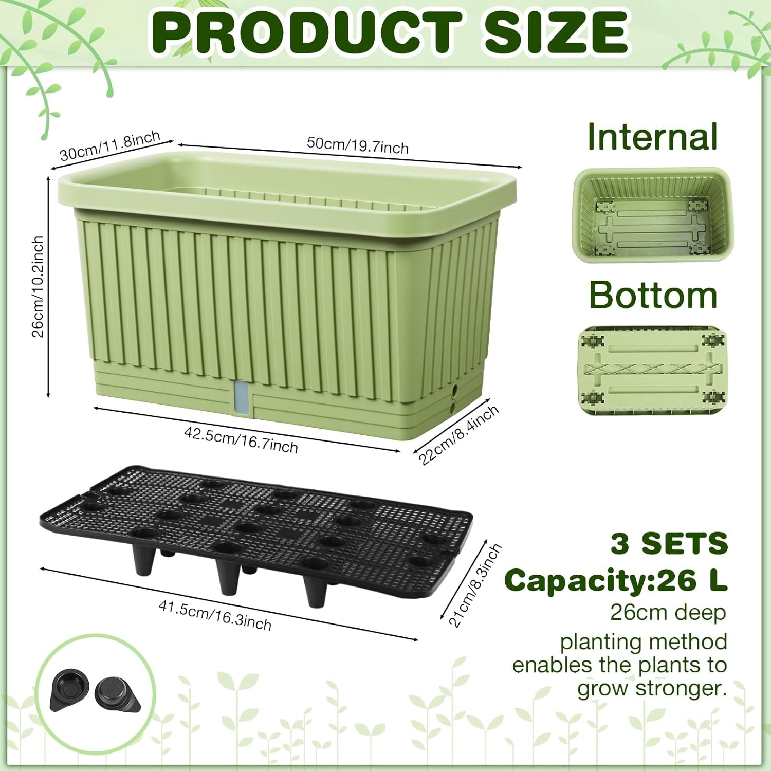 3 Pcs Large Planter Boxes Deep Rectangular Planter Boxes Outdoor Lightweight Plastic Planting Flower Pot with Drainage Holes Plant Pot for Patio, Courtyard, Lawn, Outdoor(Green,20 Inches)
