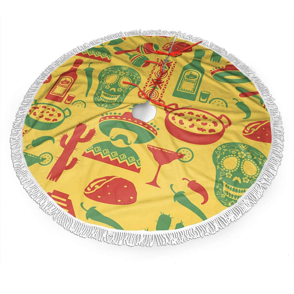 Fimaliy Welcome Christmas Tree Skirt Mexican Sugar Skull Style Luxury White Tassels Edges Xmas Tree Skirt Rustic Xmas Tree Holiday Decorations Indoor Outdoor 48 inch