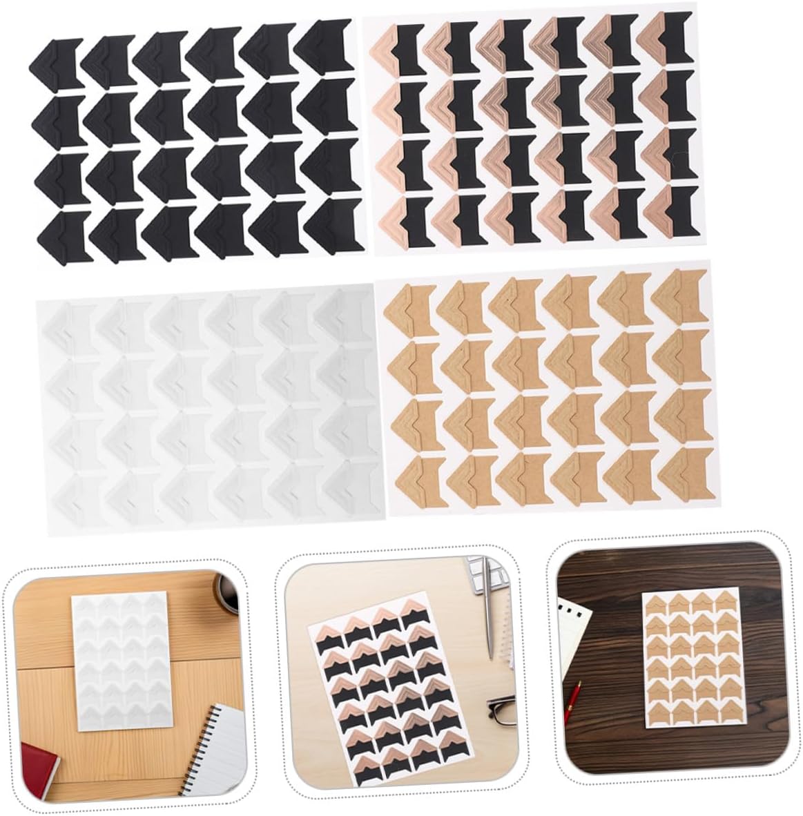 VILLFUL Self-Adhesive Photo Corners for Scrapbook 16 Sheets DIY Decorative Picture Corner Protectors in Rose Gold, Kraft, Black, White for Albums and Memory Books