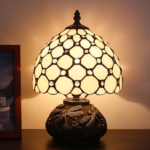 Miniatura 2 de Pequeña lámpara Tiffany Mini lámpara de mesa de vidrieras crema perlas perlas estilo hongo escritorio luz memoria lámpara de condolencias 8 x 11