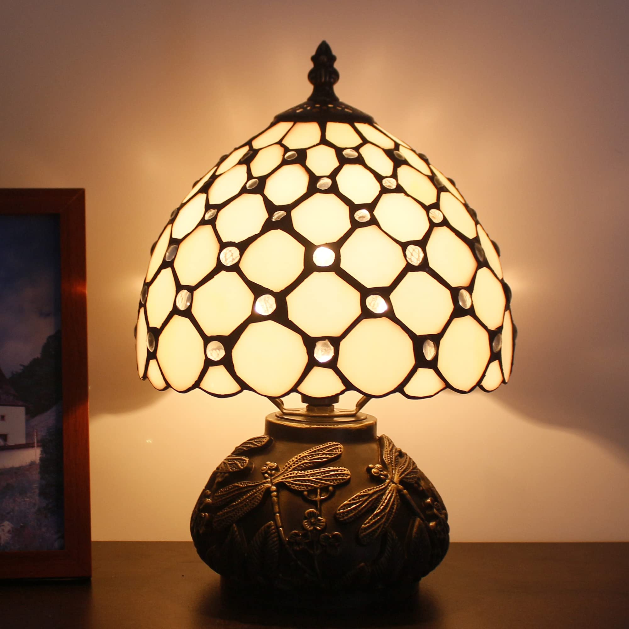 Small Tiffany Lamp Mini Stained Glass Table Lamp Cream Pearl Beads 