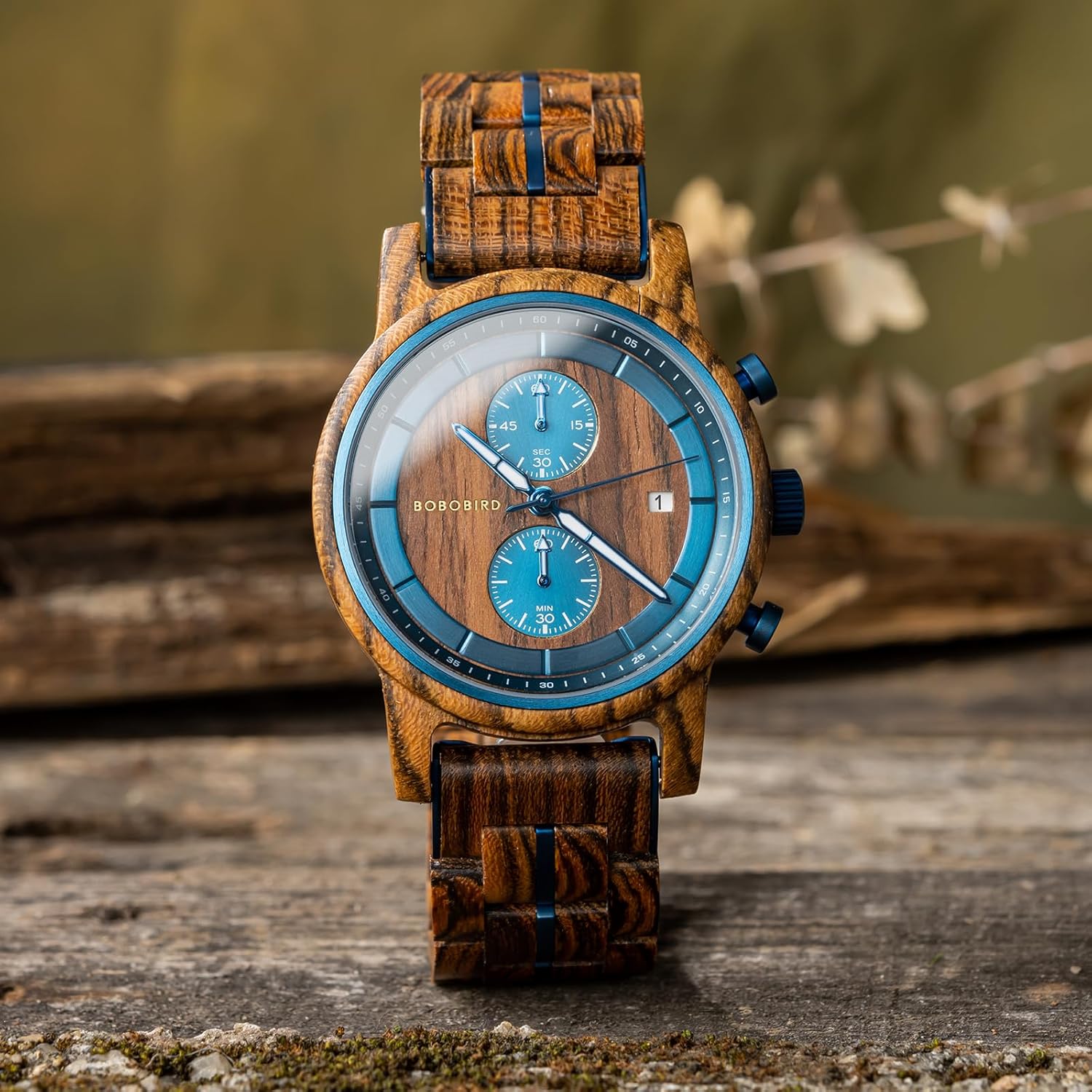 BOBO BIRD Men’s Wooden Chronograph Watch – 44mm Natural Wood Case, Japanese Quartz Movement, Casual Dress Watch – Gift for Him