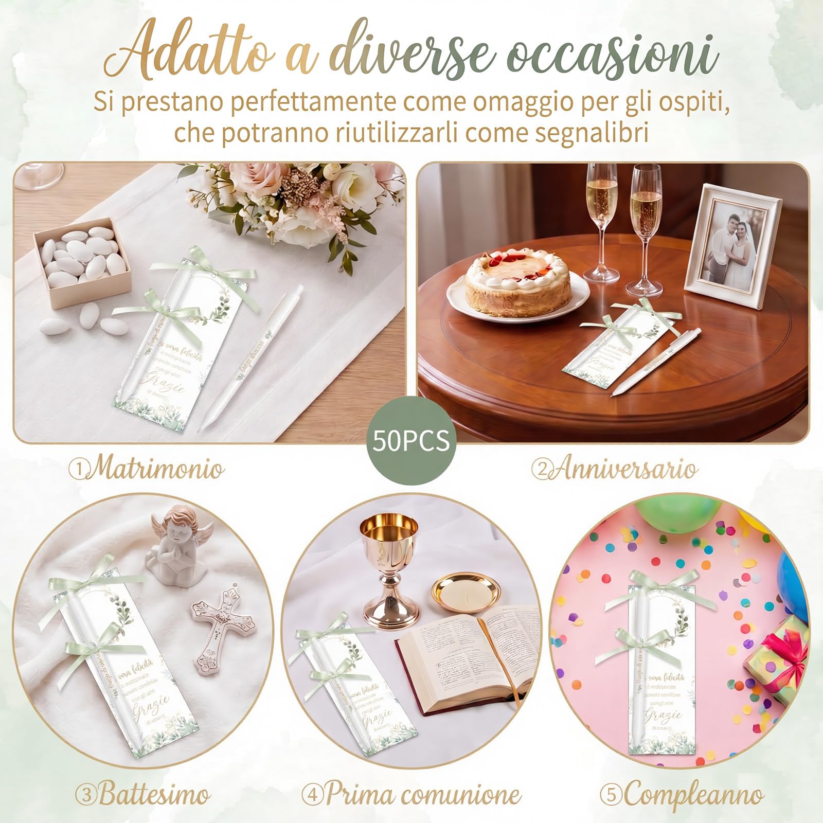 Nezyo 50 Pezzi Bomboniere Segnaposto con Penna e Nastro Segnaposto per Comunione Matrimonio Battesimo Cresima Compleanno Grazie Regalo per gli Ospiti Decoración da Tavola(Verde salvia)