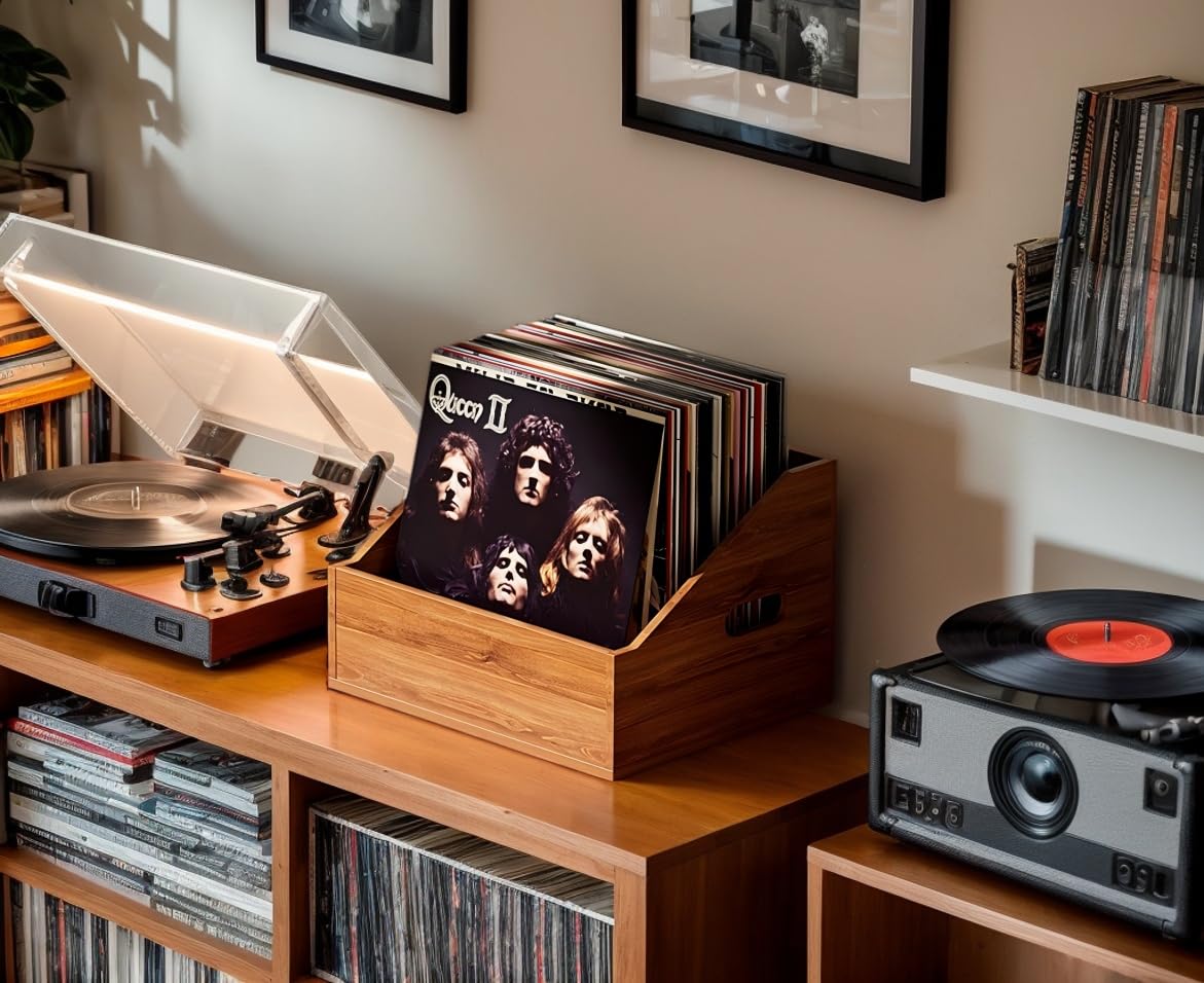 Boîte de rangement en bois pour disques vinyles, caisse rétro pour plus de 60 disques