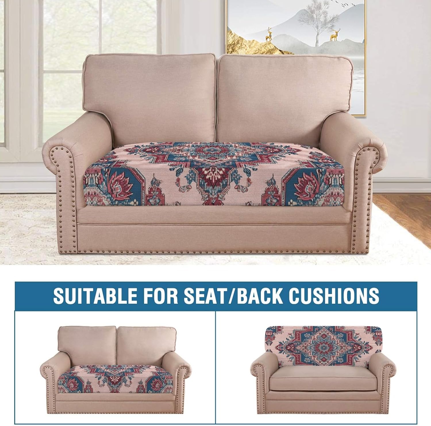 Classic Vintage Patterns Loveseat Covers Couch Covers for 2 Cushion Couch, 2-Piece Stretch Sofa Slipcovers Anti-Slip Washable Furniture Protectors for Dogs Pets