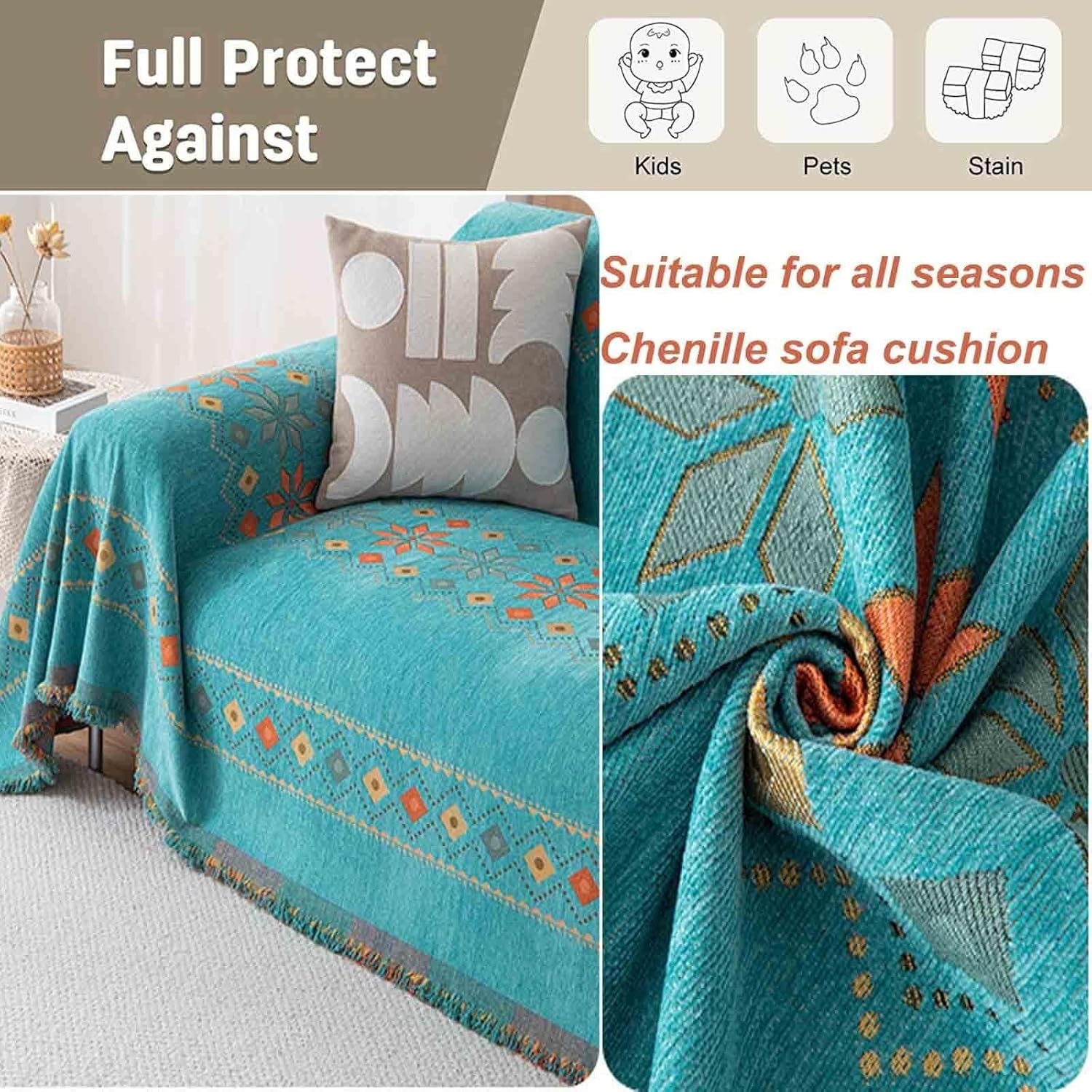 Konsilsa Large Sofa Throw Throws with Decorative Fringe, Versatile Woven Throws for Sofas, Settees, Couch and Armchairs, Fits 1/2/3/4 Seater(#3,180x180cm)