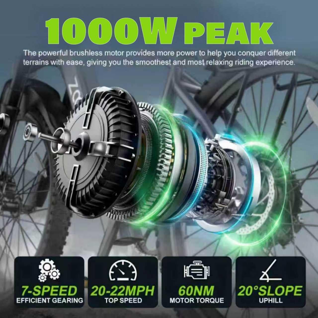Electric Bike for Adults, 24" 26" Electric Bicycle with 1000W Peak Motor, 2026 Upgrade Full Suspension Mountain Ebike 48V 13Ah Battery 30-40Miles 20-25MPH Commuting e Bike