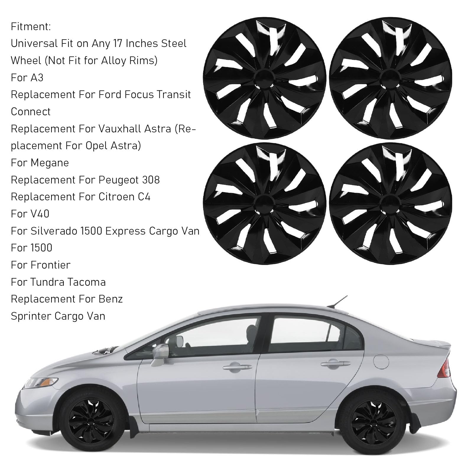 Generic Lot de 4 Cache-moyeux Noirs de 17" de Rechange pour Connect, Ajustement Universel sur n'importe Quelle Roue en Acier de 17", Parfait pour Les Propriétaires de 308