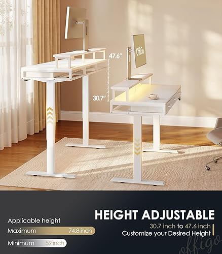 Miniatura 4 de OffiGo Escritorio eléctrico de pie con cajones, escritorio ajustable de altura de 55 pulgadas con tomas de corriente y luces LED, mesa de pie con