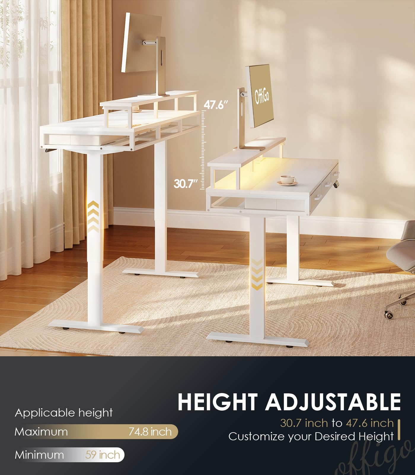 OffiGo Electric Standing Desk with Drawers 55 Inch Height Adjustable Desk with Power Outlets LED Lights Sit Stand — view 4