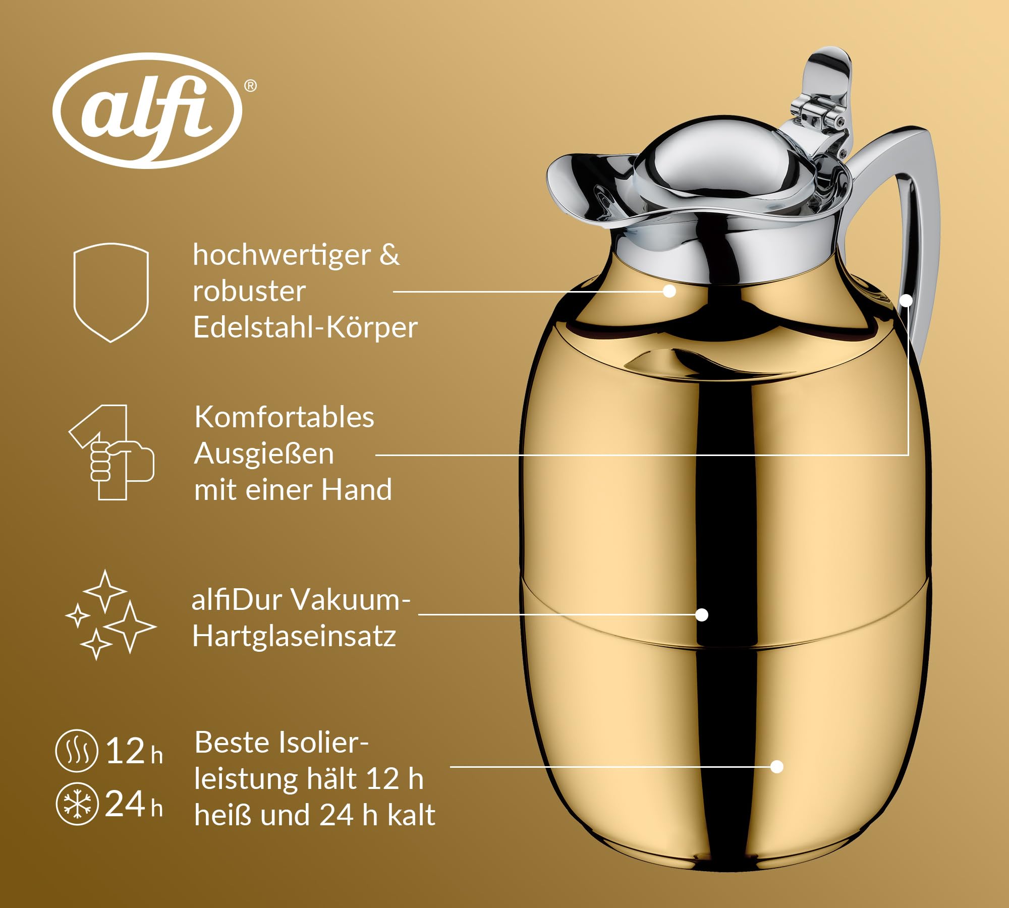 Alfi Juwel Isolierkanne 1,0L | Thermoskanne Edelstahl mit Glaseinsatz | AromaSafe Kaffee & Tee | BPA-frei & nachhaltig | Einhandbedienung | Für Heiß- & Kaltgetränke | Gold plated