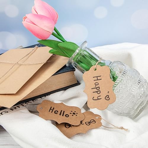 Miniatura 7 de SallyFashion 150 etiquetas de papel kraft marrón, etiquetas de regalo festoneadas de 1.9 x 2.75 pulgadas con cuerda