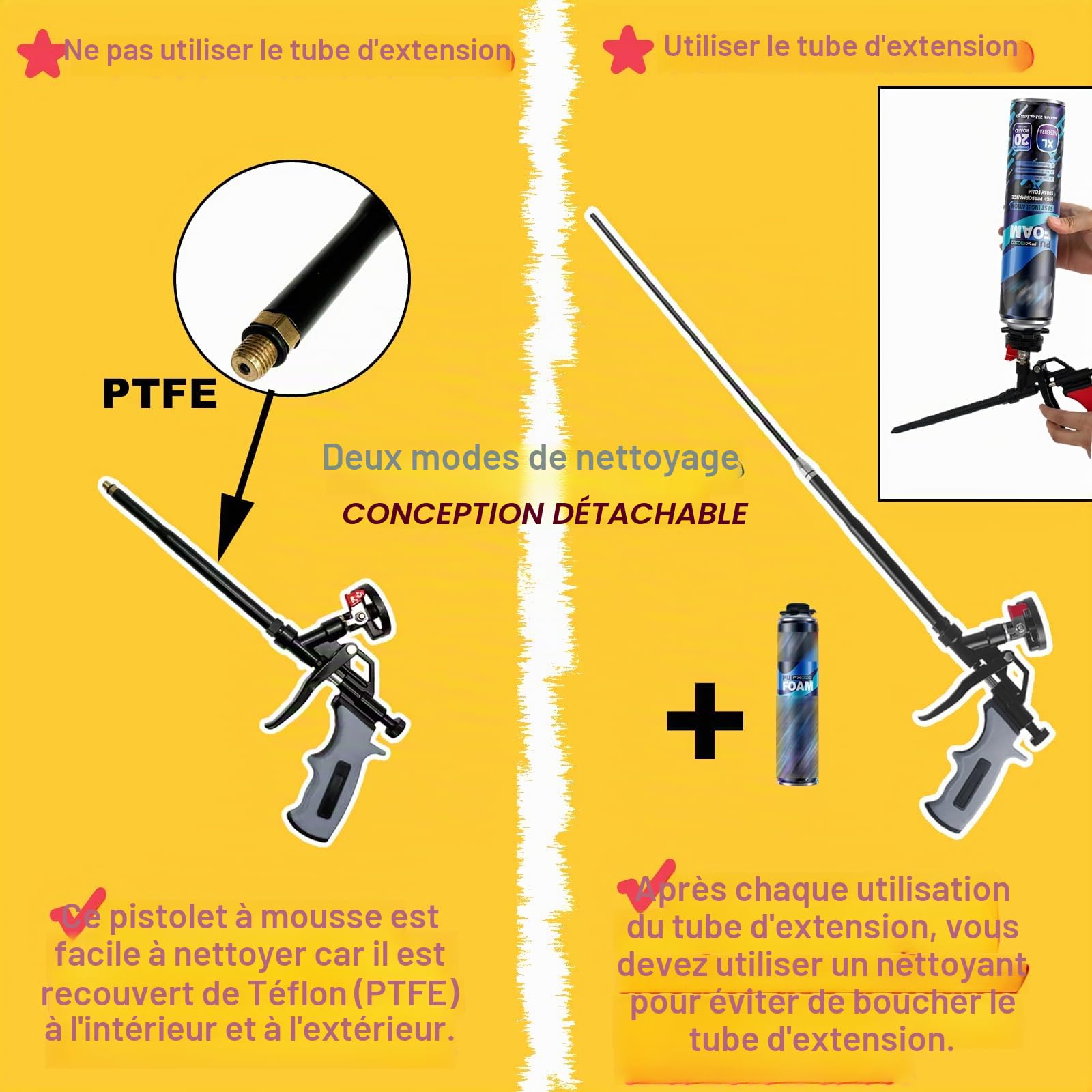 Pistolet à mousse extensible 63cm, pistolet professionnel pour mousse expansée avec revêtement PTFE, applicateur pour calfeutrage, isolation, remplissage, projets DIY (Gris)