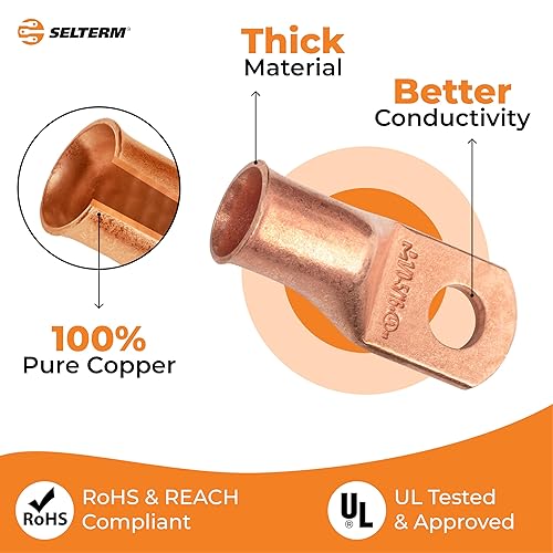 Miniatura 106 de SELTERM - 2 terminales de anillo resistentes para cable de batería, calibre 4 AWG, pernos de 3/8 pulgadas, terminales de calibre 4, ojales de cobre
