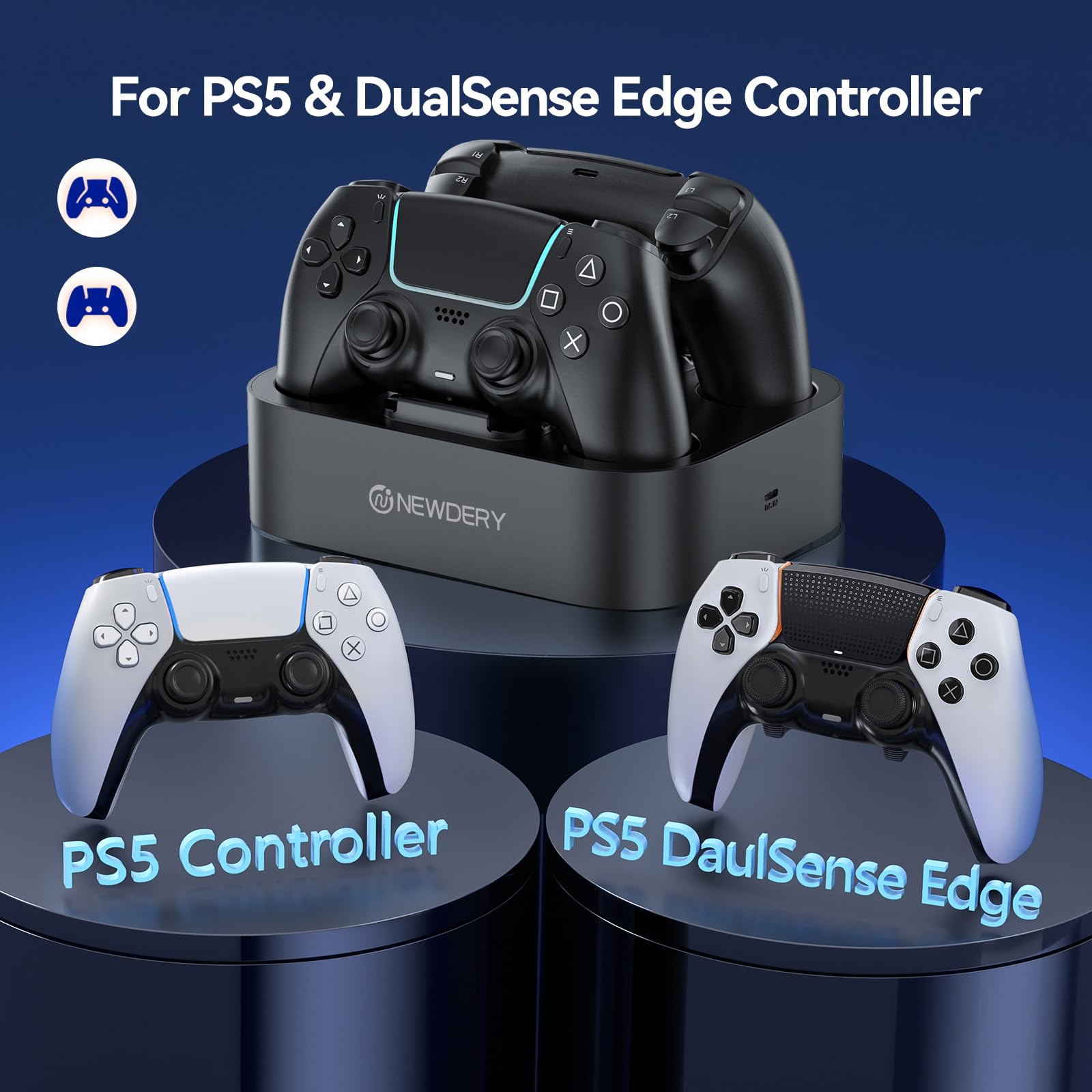 NEWDERY Station de Charge pour Manette de PS5, Station de Charge Rapide avec câble de Charge de 2 m pour manettes PlayStation 5 (Noir)