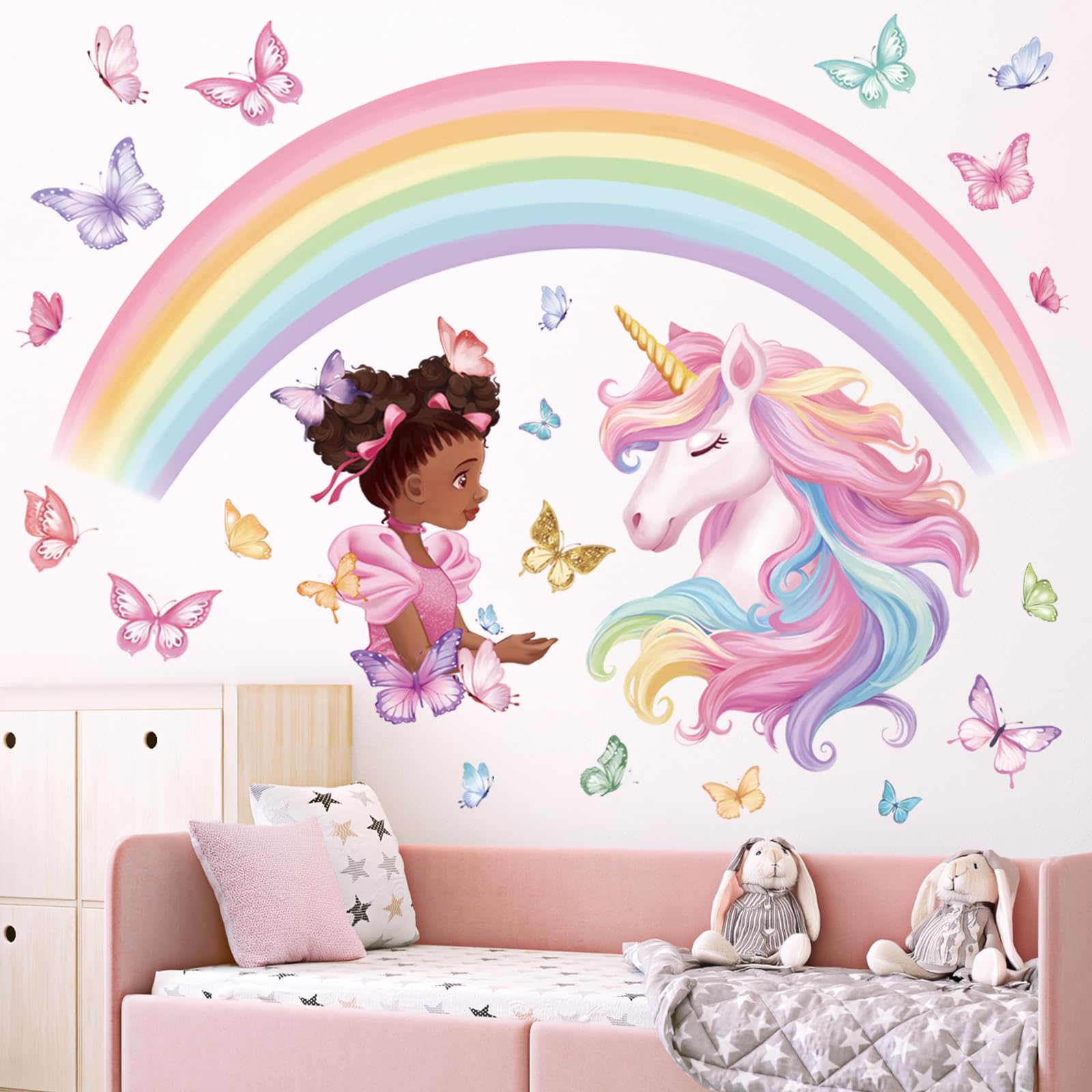 wondever Large Rainbow Unicorn Wall Stickers Black Girls Butterfly Peel and Stick Wall Art Decals for Baby Nursery Girls Bedroom Toddler Room - Image 2