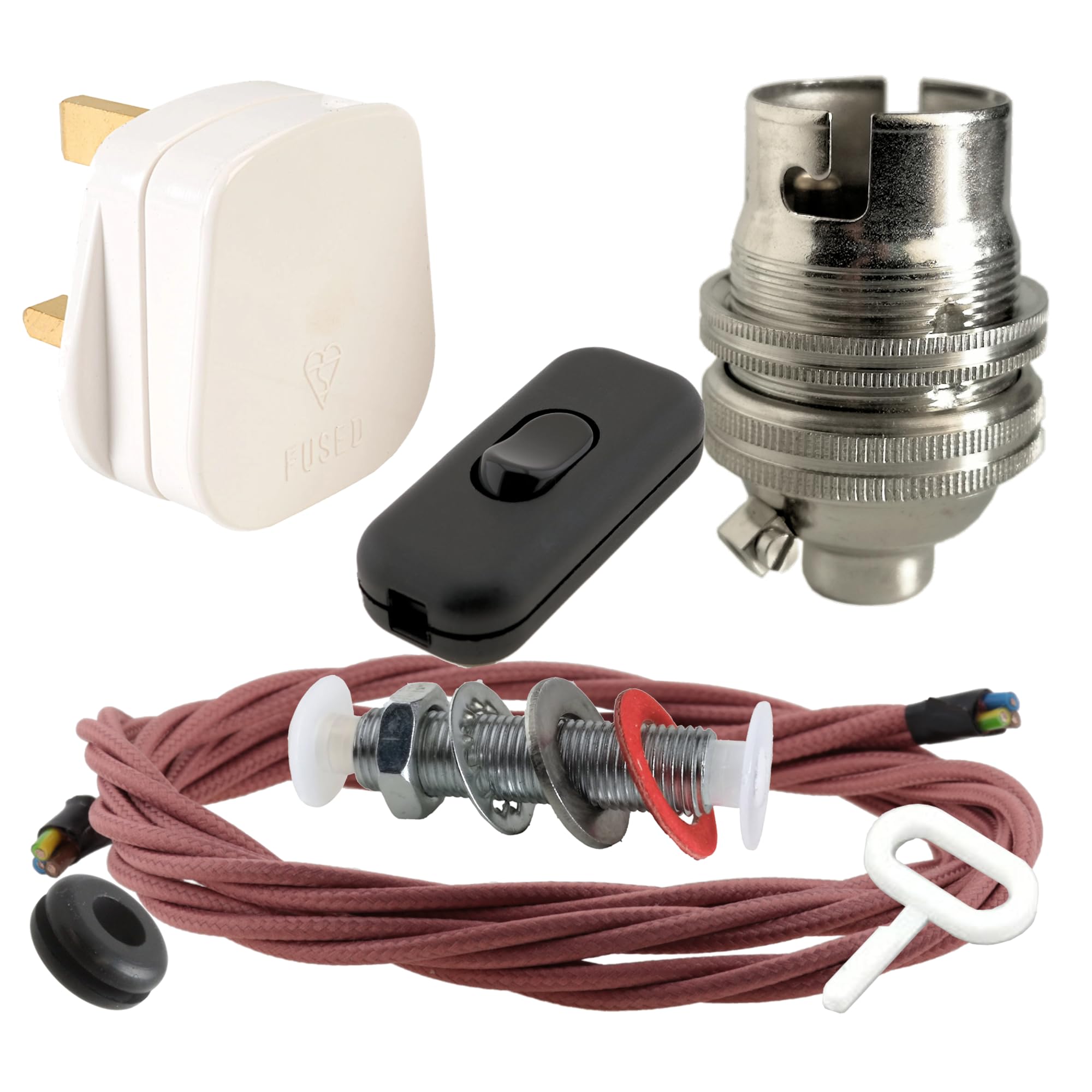 Art Deco Emporium Lamp Repair and Servicing Kit|White Plug|Duskey Pink Flex|Black Switch|B22 Chrome Finish Lamp Holder