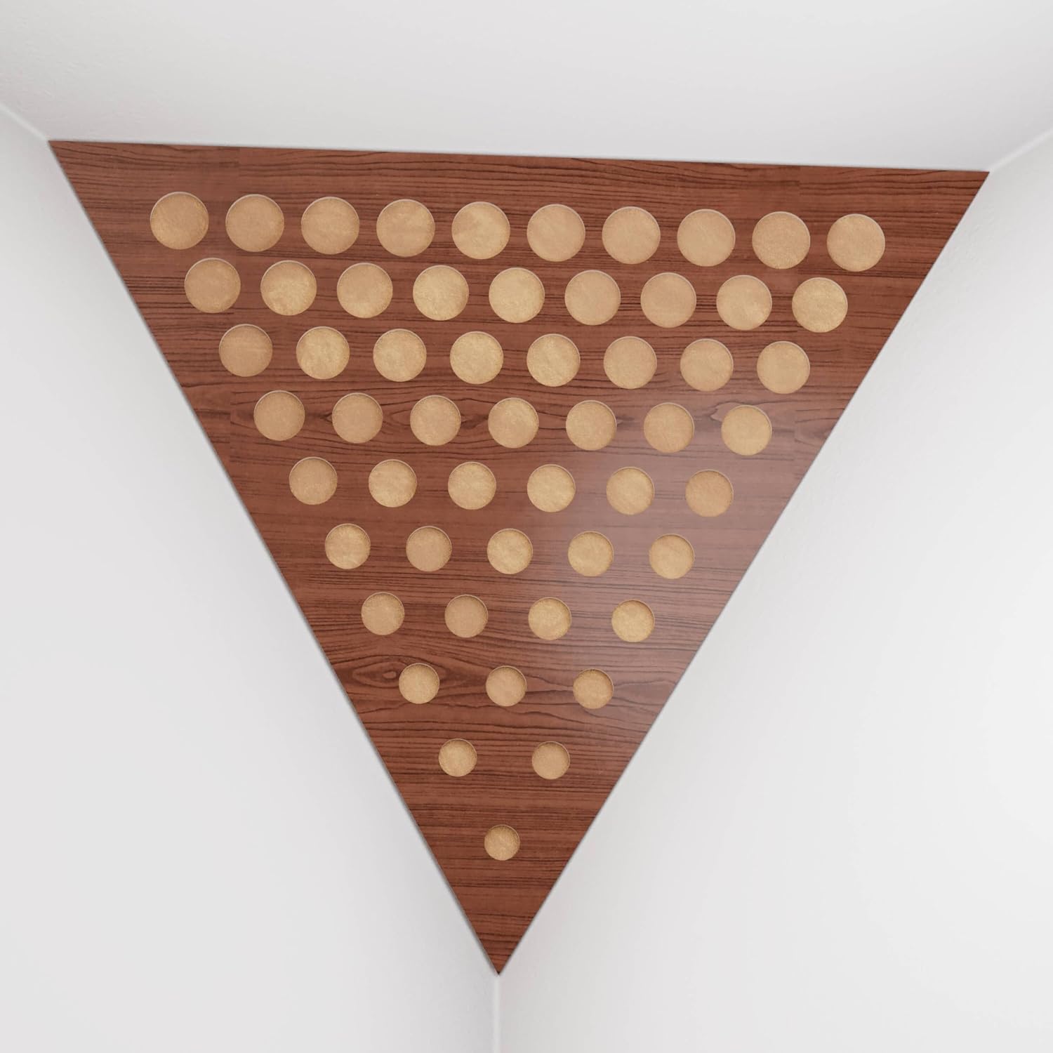 2 Pack — Ceiling Corner Bass Trap "Triangle-F" Triangular Pyramid Acoustic Foam with Perforated Laminated HDF Plate and Fabric | Front Triangle Side: 42cm | [ ROUNDS - Nut | Gold ]