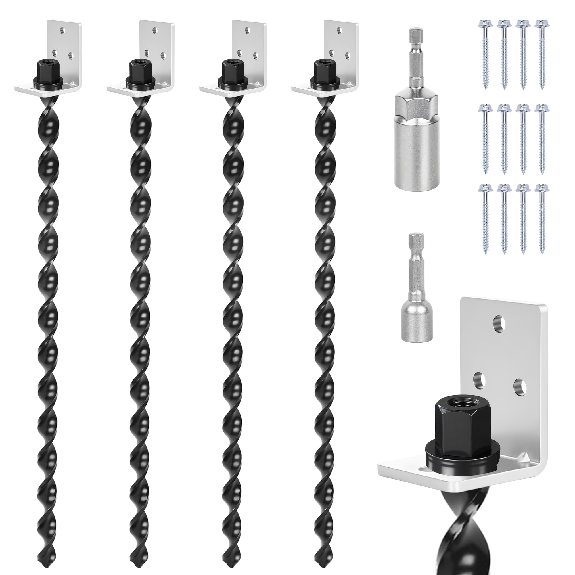 24" Ground Anchors Screw in, 4PCS Heavy Duty Mobile Home Anchors, Multi-Purpose Earth Anchors with Brackets and Adapter for Drill, Ideal for Mobile Homes, Storage Sheds and Carports (Sliver)