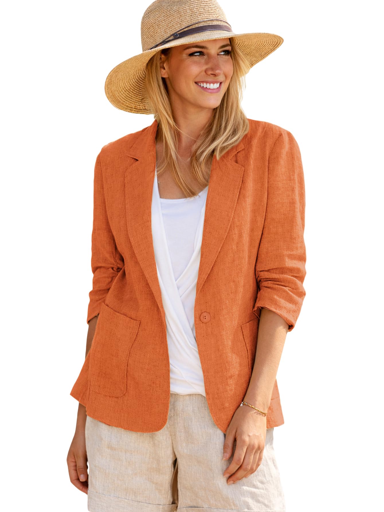 Mina Self 2026 Summer Women’s Linen Blazer Jacket - Lightweight Breathable 3/4 Stretchy Ruched Sleeve Casual Work with Pocket