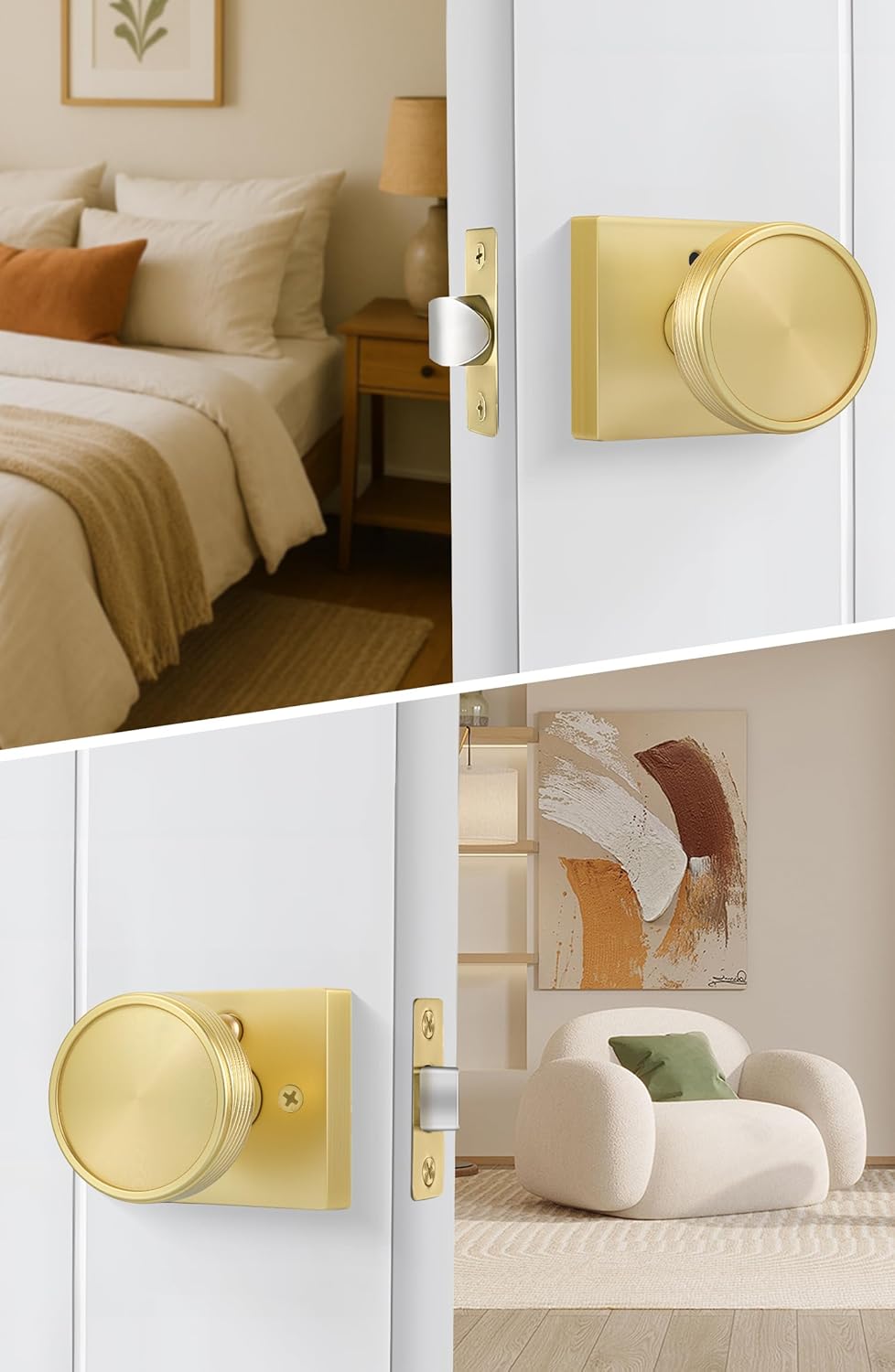 Goldenwarm Gold Door Knobs Interior, Brushed Gold Door Knobs Square Privacy Door Knob for Bedroom Bathroom, Modern Heavy Duty Interior Doorknobs - 6 Pack Zinc-Alloy