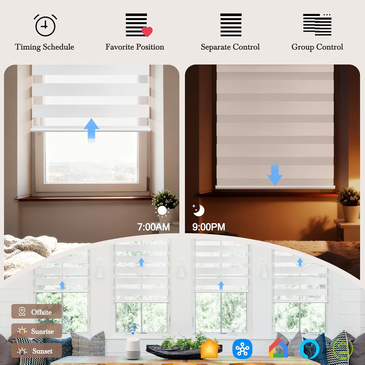 Motorized Zebra Blinds, Automatic 99% Blackout Shades for Indoor Windows Work with HomeKit, Alexa, Google Home, Customized Electric Blinds with Remote, App, Voice Control, Nightfall White