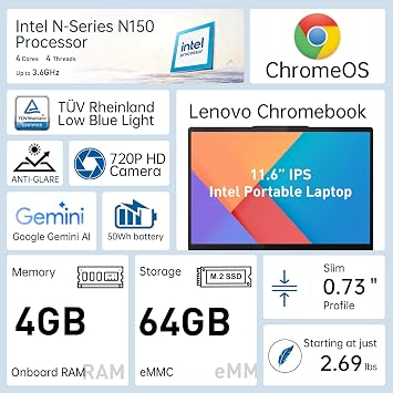 Lenovo Chromebook 11.6 IPS Intel Portable Laptop for Home Student Travel