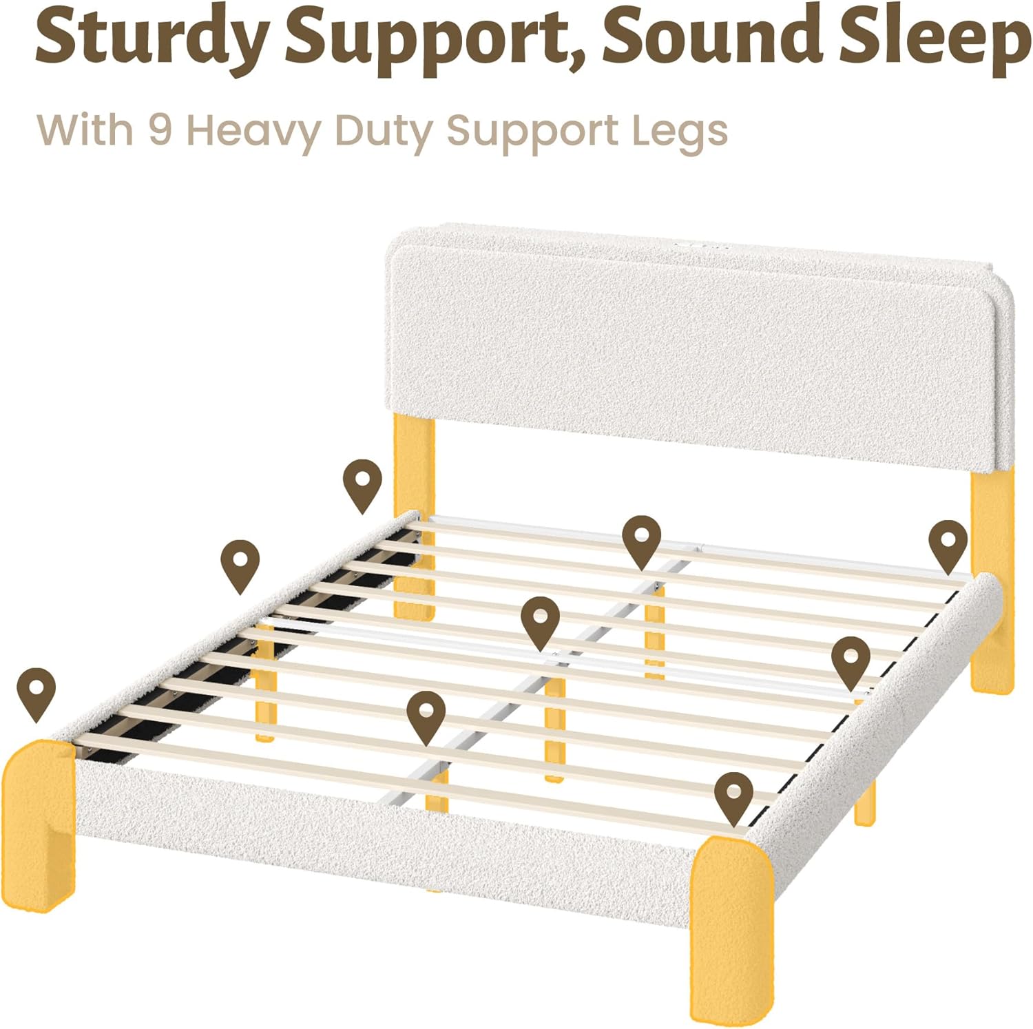 Lifezone Queen Upholstered Bed Frame, Sturdy Noise-Free Metal Support, Boucle Cloud Headboard with Charging Station & LED Lights, No Box Spring Needed, Beige