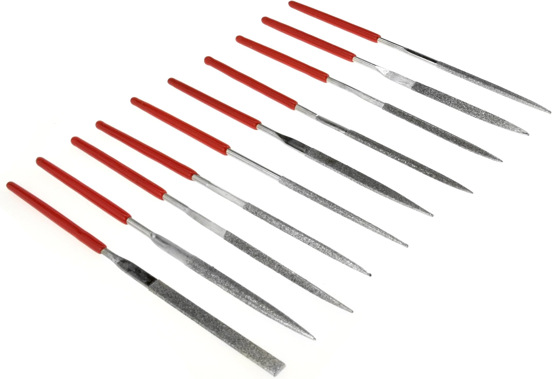 SE 73810DF 10-Piece Mini Diamond Needle File Set, 150 Grit - Assorted Shapes, 3-1/4" Length - Ideal for Jewelers, Wood, Stone, Glass, Gemstones