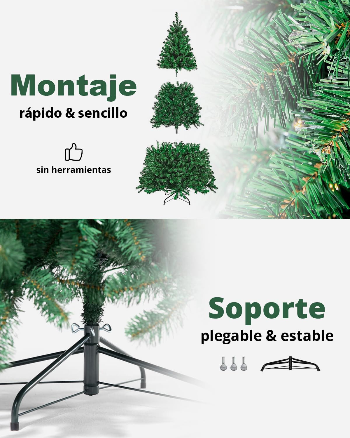 TIBBERS Árbol de Navidad Artificial, Altura de 150 cm, Estructura Desmontable, Ramas Abatibles, Soporte Metálico Plegable, TBS038