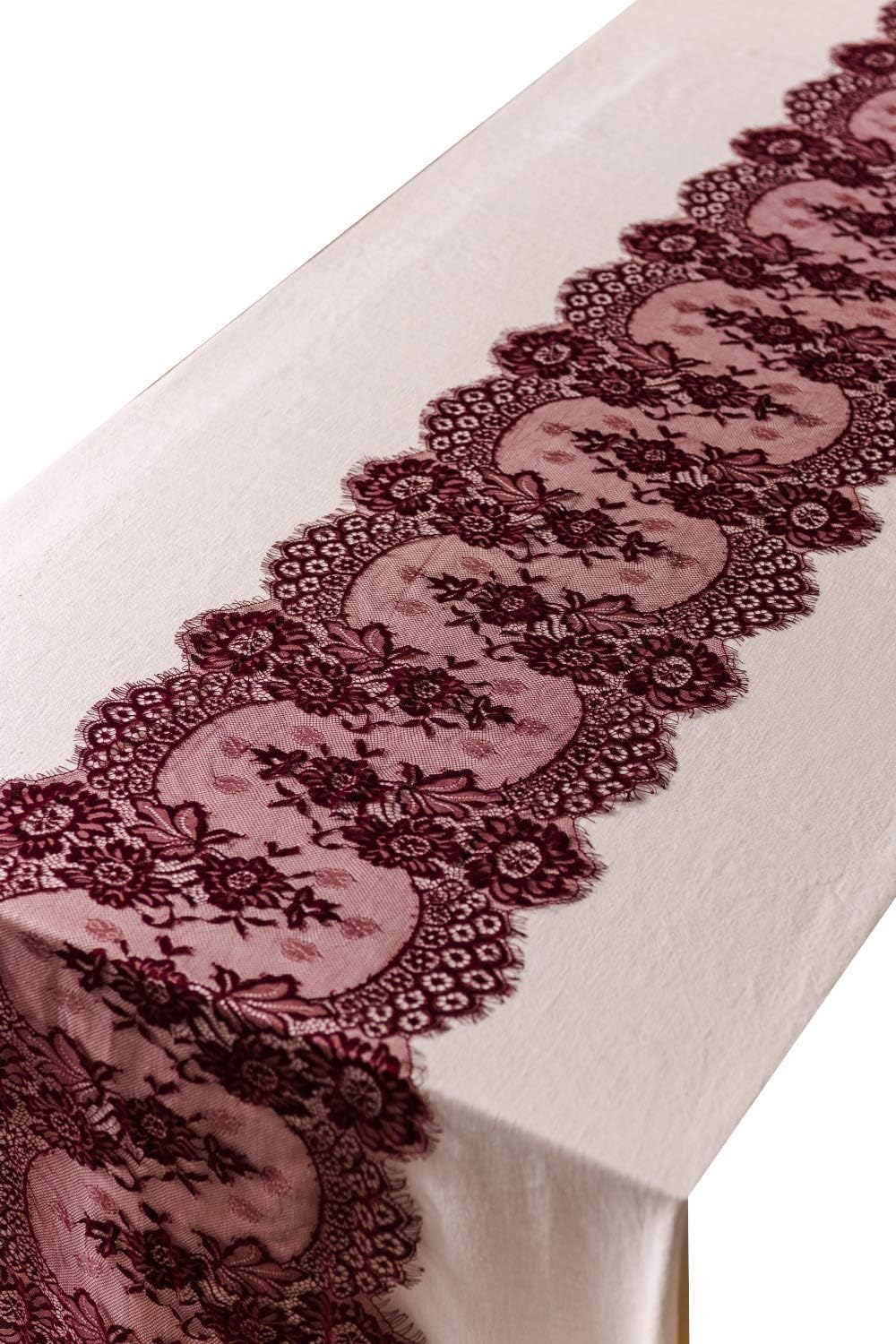 crisky 14" x 120" Burgundy Lace Table Runners Lace Overlay with Rose Vintage Embroidered, Thin, Rustic Romantic Wedding Decor, Bridal Baby Girl Shower Decoration