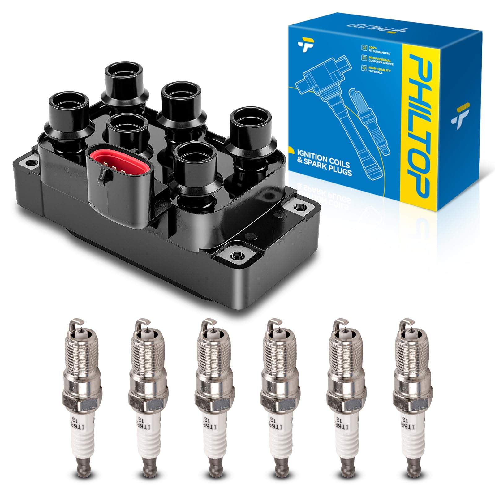 PHILTOP Ignition Coil Pack and Spark Plugs Fits for Ford 1996-2000 Taurus 3.0L, 1998 Ranger 3.0L, 1995-2000 Contour, Mercury 1996-2000 Sable, Mazda 1998-2000 B3000, 2000-2001 MPV, 1PCS 6958305