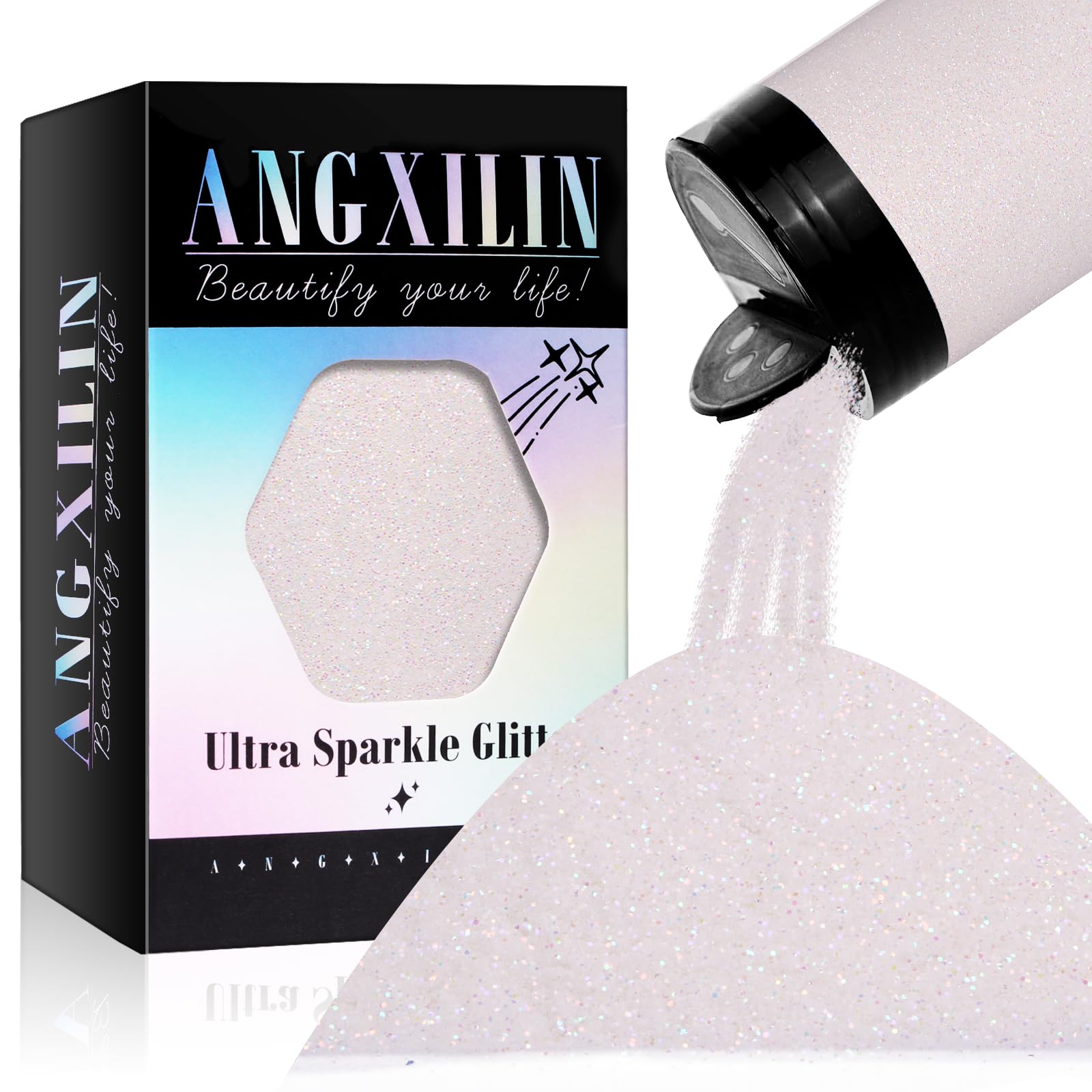 ANGXILIN High Capacity 260g Iridescent Fine Glitter,Shaker Bottle Fine Glitter for Epoxy Resin DIY Craft,Rainbow Fine Glitter for Nail Art Face Body Glitter Tumbler Making (IRI Mix White)