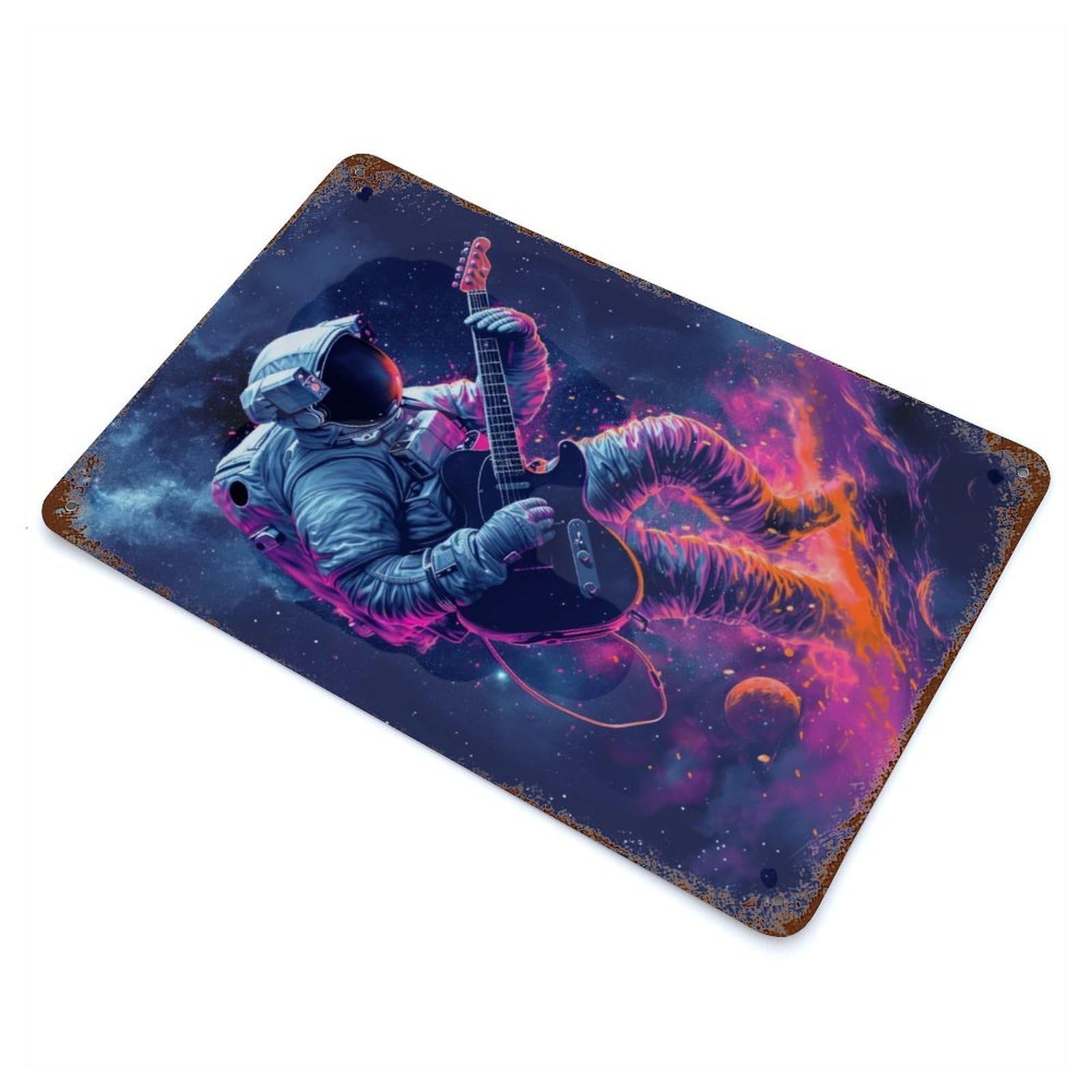 Guitar Astronaut in Space Vintage Wall Sign 11.8"x7.9", Rust Effect Metal Decor for Living Room, Hallway And Home Decor