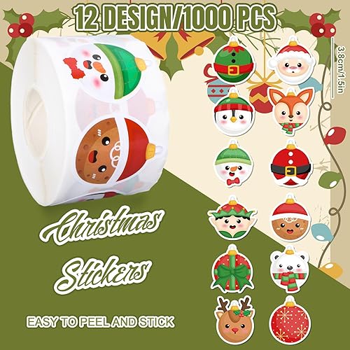 Miniatura 9 de Whaline 1000 calcomanías de Navidad en rollo de hombre de jengibre, 12 diseños divertidos de dibujos animados, adhesivos decorativos para regalo,