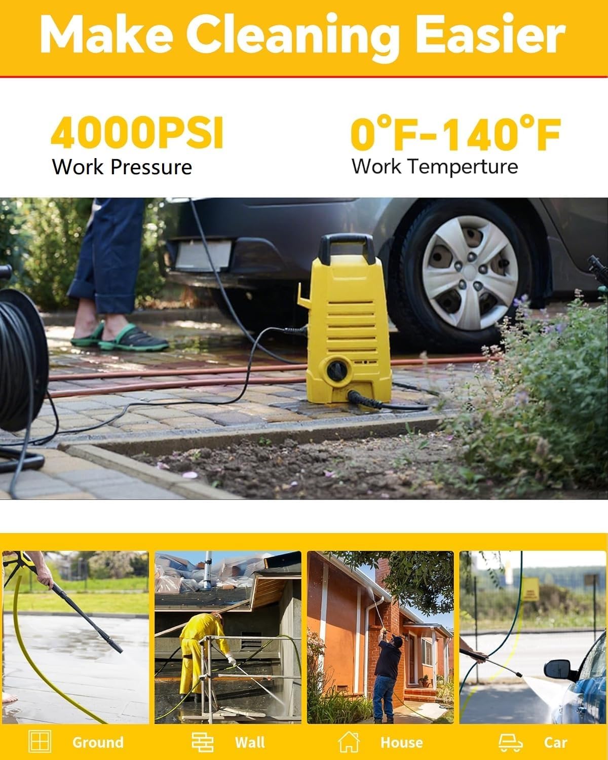POHIR Pressure Washer Hose 50FT, Kink Resistant Power Washer Replacement Hose 1/4 Inch with M22 14MM Swivel, Lightweight Pressure Washer Extension Hose 4000 PSI