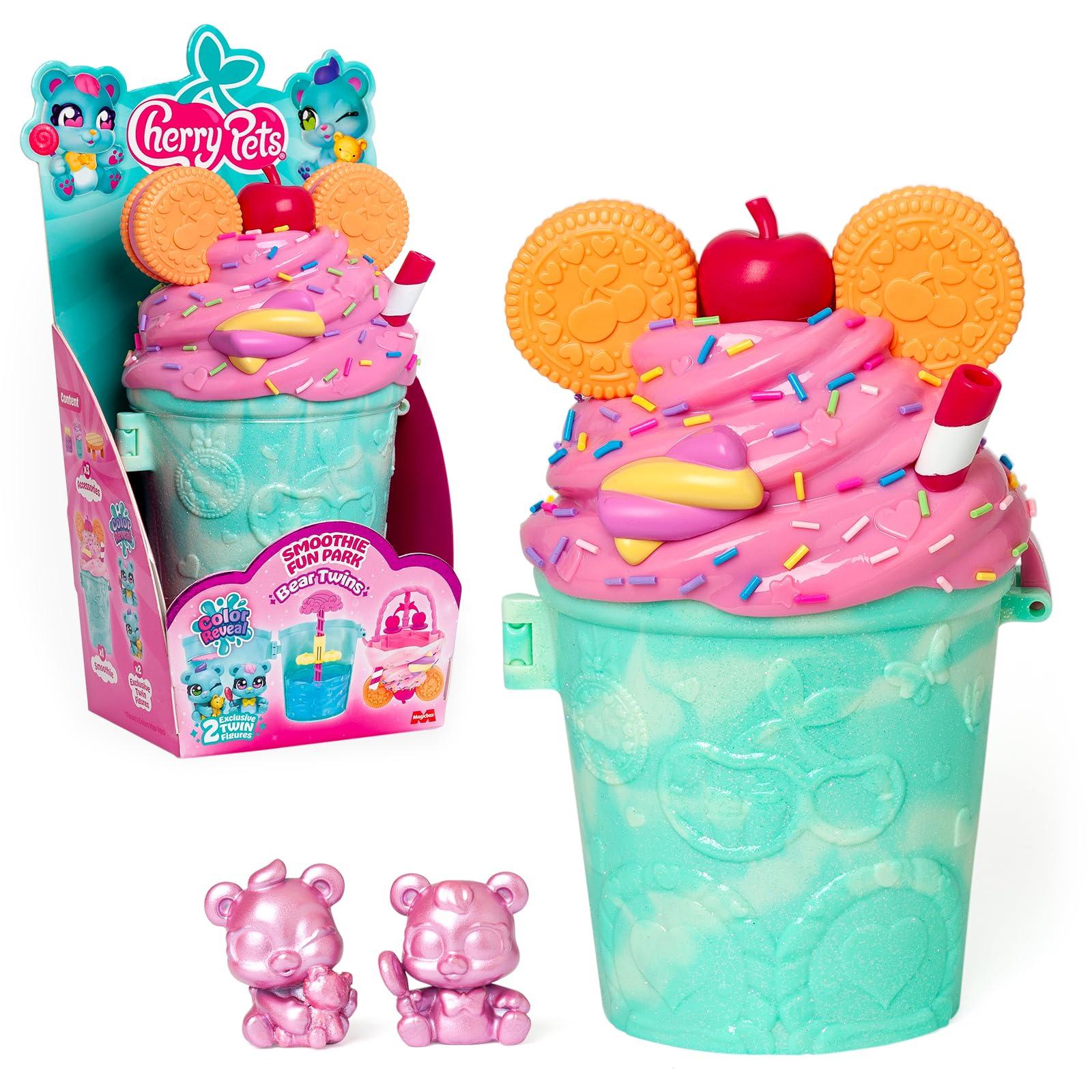 Cherry Pets – Smoothie Fun Park Bear Twins. Casita con Parque de Atracciones en Forma de Smoothie: Incluye 1 Smoothie, 2 Figuras exclusivas “Color Reveal” y 3 Accesorios