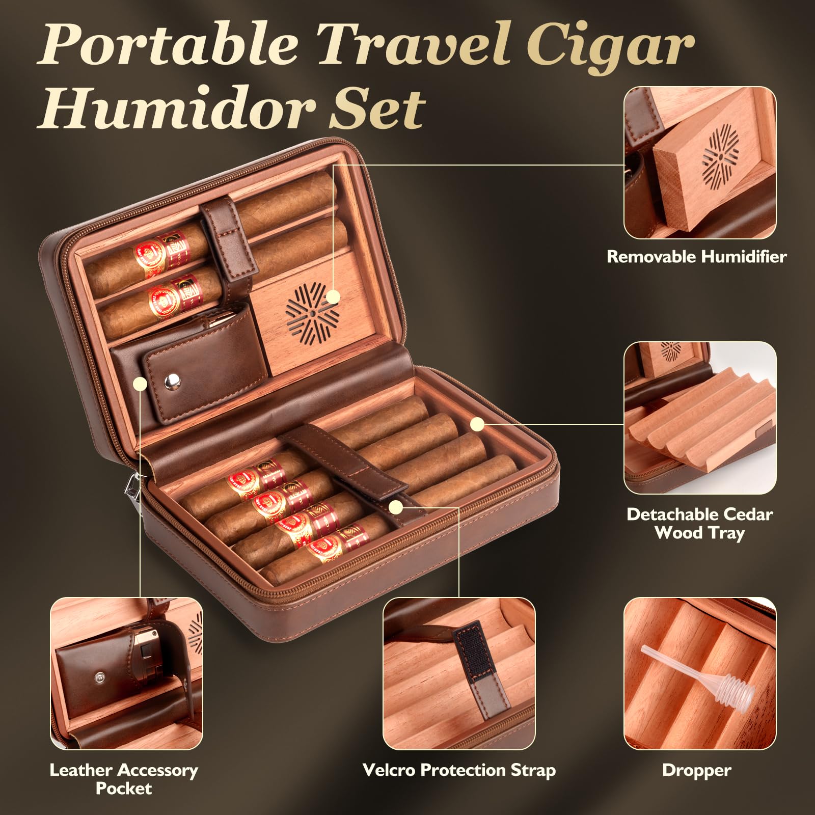 Cigar Humidor, Leather Cedar Wood Cigar Case, Travel Cigar Case with Cigar Lighter, Humidifier, Cigar Cutter, Cigar Punch 3-in-1 - Image 2