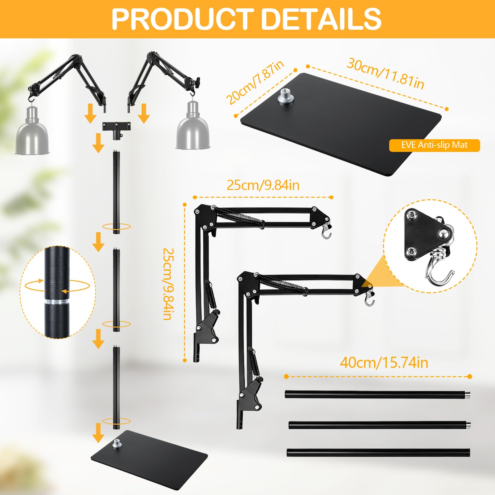 Soporte de Lámpara de Reptiles, Altura Ajustable 40-160CM, Rotación de 360°, Soporte de Luz de Suelo Telescópico de Reptiles con 2 Ganchos para Tortugas, Ciempiés y Arañas