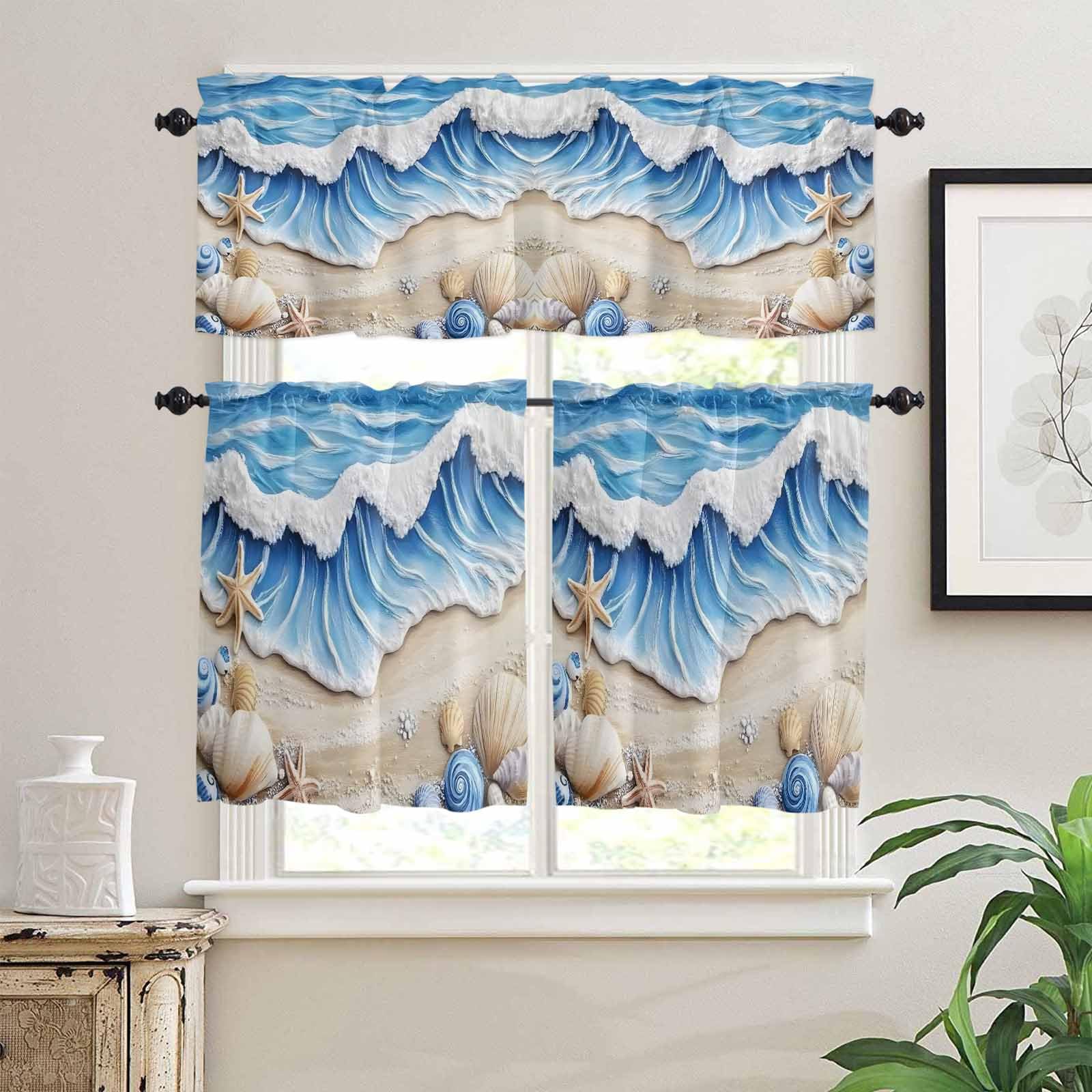 Coastal Beach Kitchen Curtains 36 Inch Length,3 Piece Rod Pocket Small Half Tiers and Valance Set,Blue Ocean Starfish Shell Seashore Sand Small Large Window Treatment Decor for Bedroom/Bathroom Sink