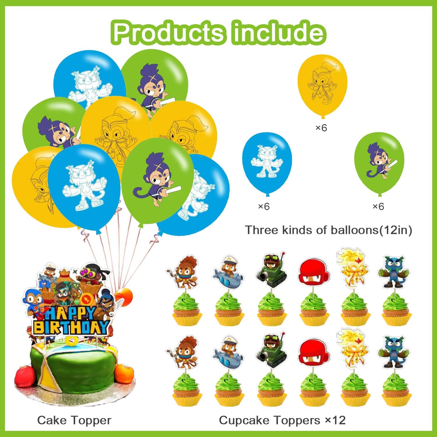 Bloons TD 6 Birthday Party Decorations, Bloons TD Video Game Party Supplies set with Happy Birthday Banner, Cake Cupcake Toppers, Balloons for Fans Adults Party Decorations