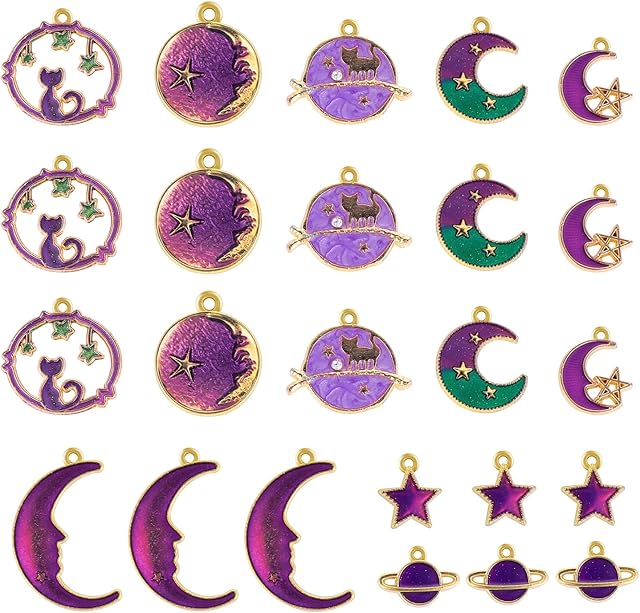 Aster 24 Pcs Enamel Moon Star Earring Charm Pendant Assorted Gold Plated Enamel Cat Celestial Charm Pendant DIY for Earrings Necklace Bracelet Jewelry Making and Crafting