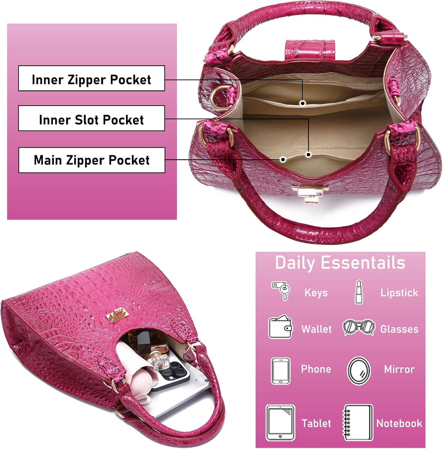 Ladies Tote Leather Bags for Women Crocodile Embossed Zipper Satchel Purse Classy Compartments Crossbody bag - Image 5