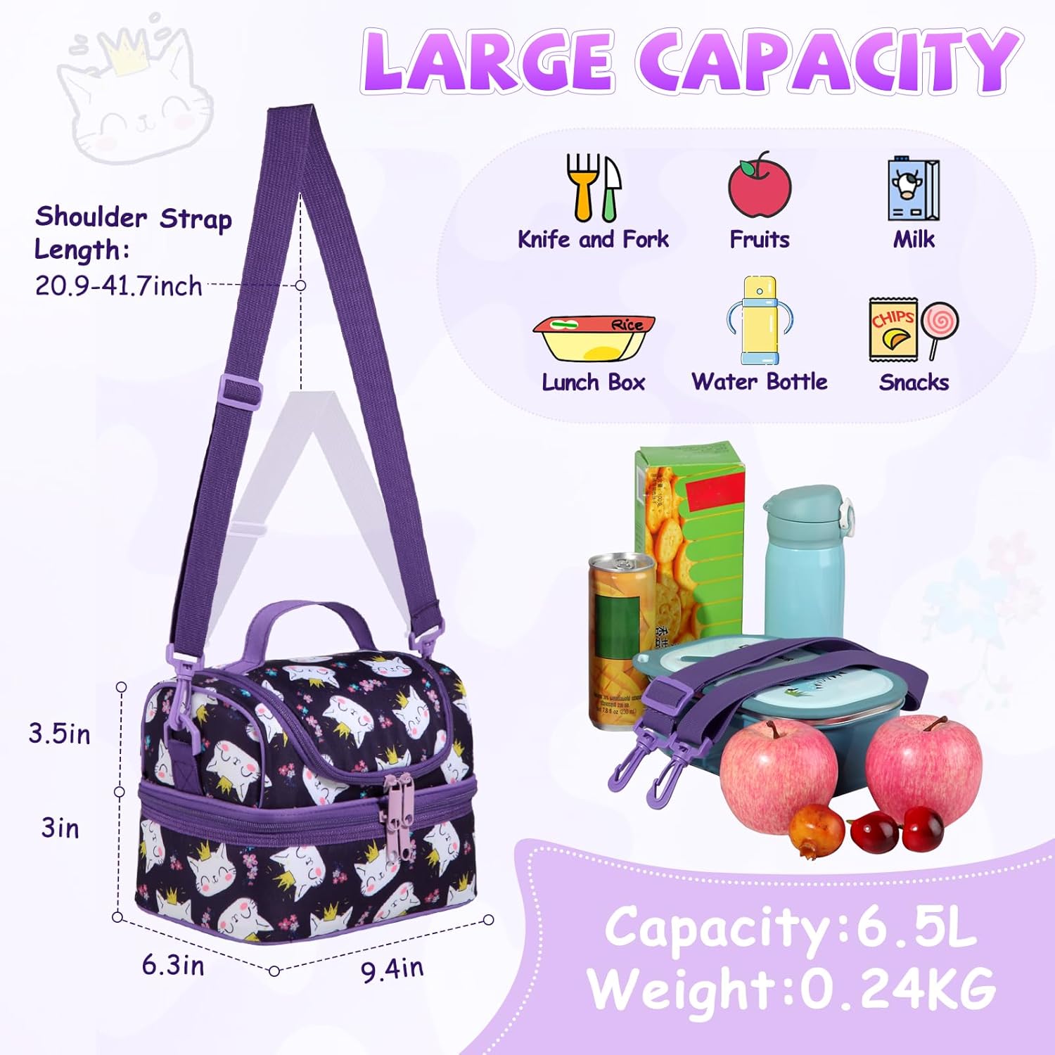 Lunch Bag for Girls,ChaseChic Insulated Lightweight Lunch Boxes for Kids Boys Dual Compartment Lunch Organizer Leak-Proof Cooler Bag with Detachable Adjustable Shoulder Strap,Purple Cats - Image 2