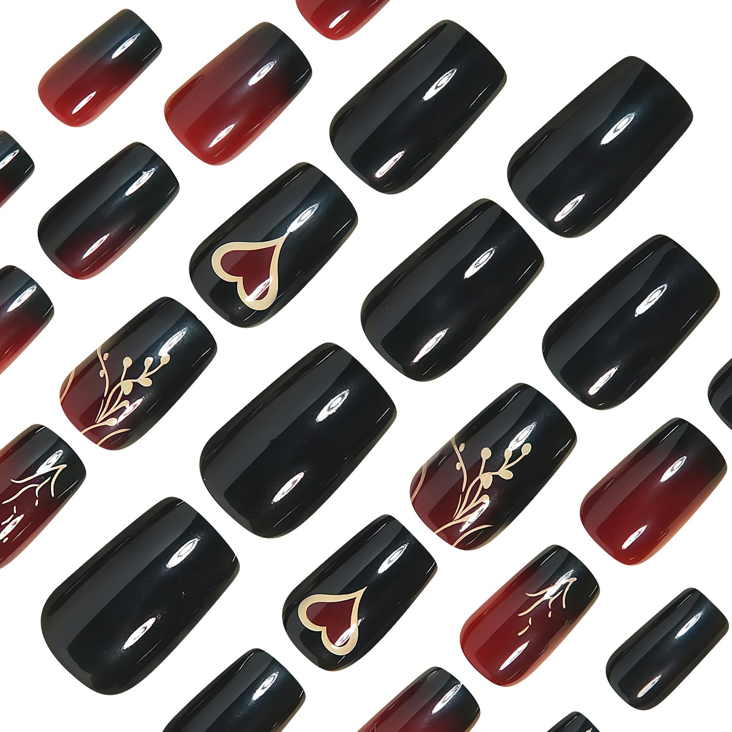 Wine Red Gradient Press On Nails With Gold Leaf And Heart Design_voghion.com