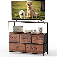 DUMOS 5-Drawer Fabric TV Stand for 45" TVs - Compact Media Console Dresser with Shelf, Bedroom Living Room Storage, Brown