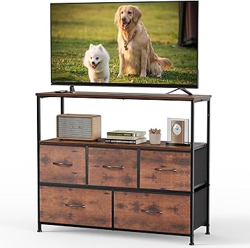 DUMOS TV Stand, Dresser with 5 Fabric Storage Drawers, Media Console Featuring Open Shelf for TV, Compact Entertainment Unit for Bedroom, Living Space, or Dorm Organization, Brown