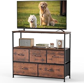 DUMOS TV Stand, Dresser with 5 Fabric Storage Drawers, Media Console Featuring Open Shelf for TV, Compact Entertainment Unit for Bedroom, Living Space, or Dorm Organization, Brown